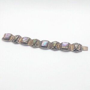 VTG Sterling Silver Taxco Abalone Aztec Warrior Mask Bracelet 8 panels signed